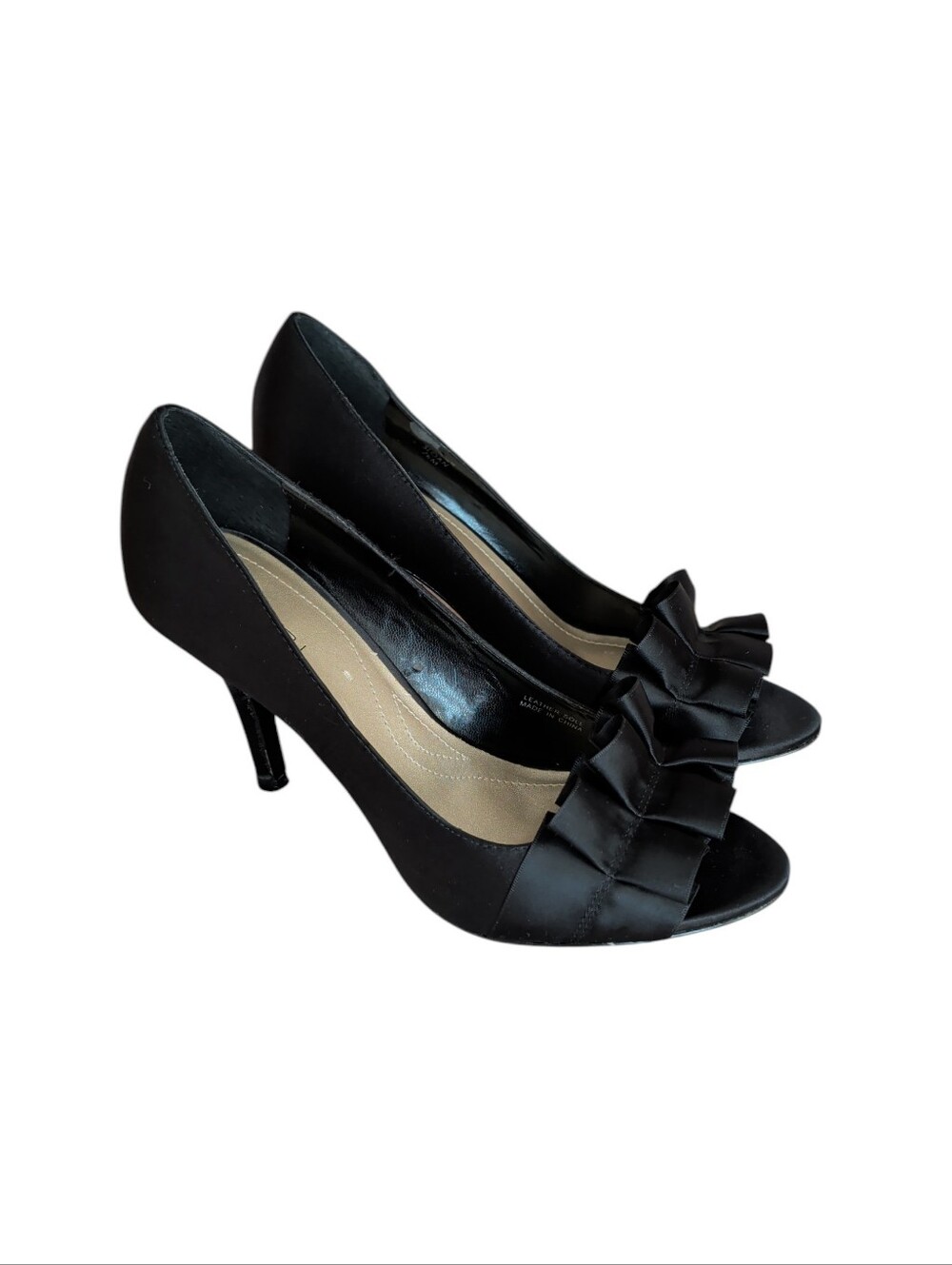 Tahari Sloan Satin Peep Toe Ruffle Pleated Evening Pumps 7.5M Black Stiletto